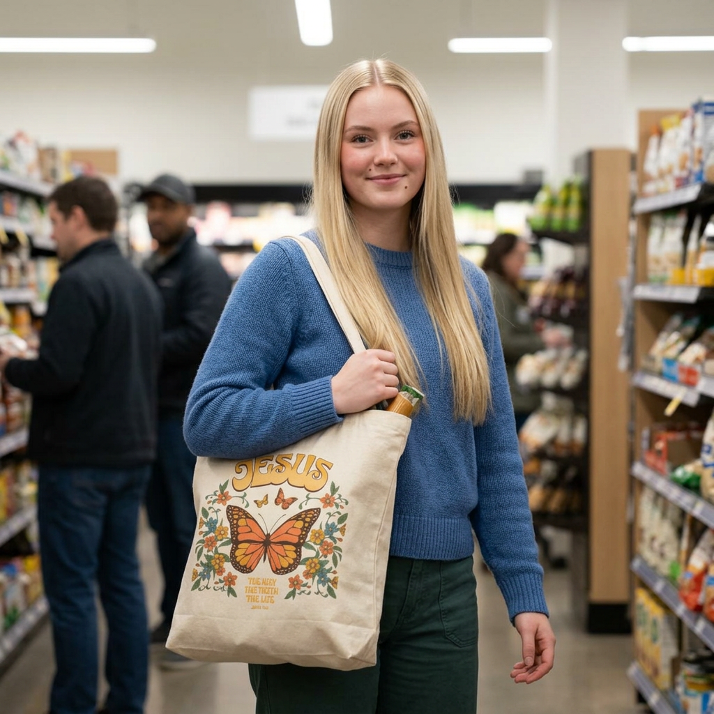 Jesus Butterfly Canvas Tote — Faith Floral Eco Grocery Bag