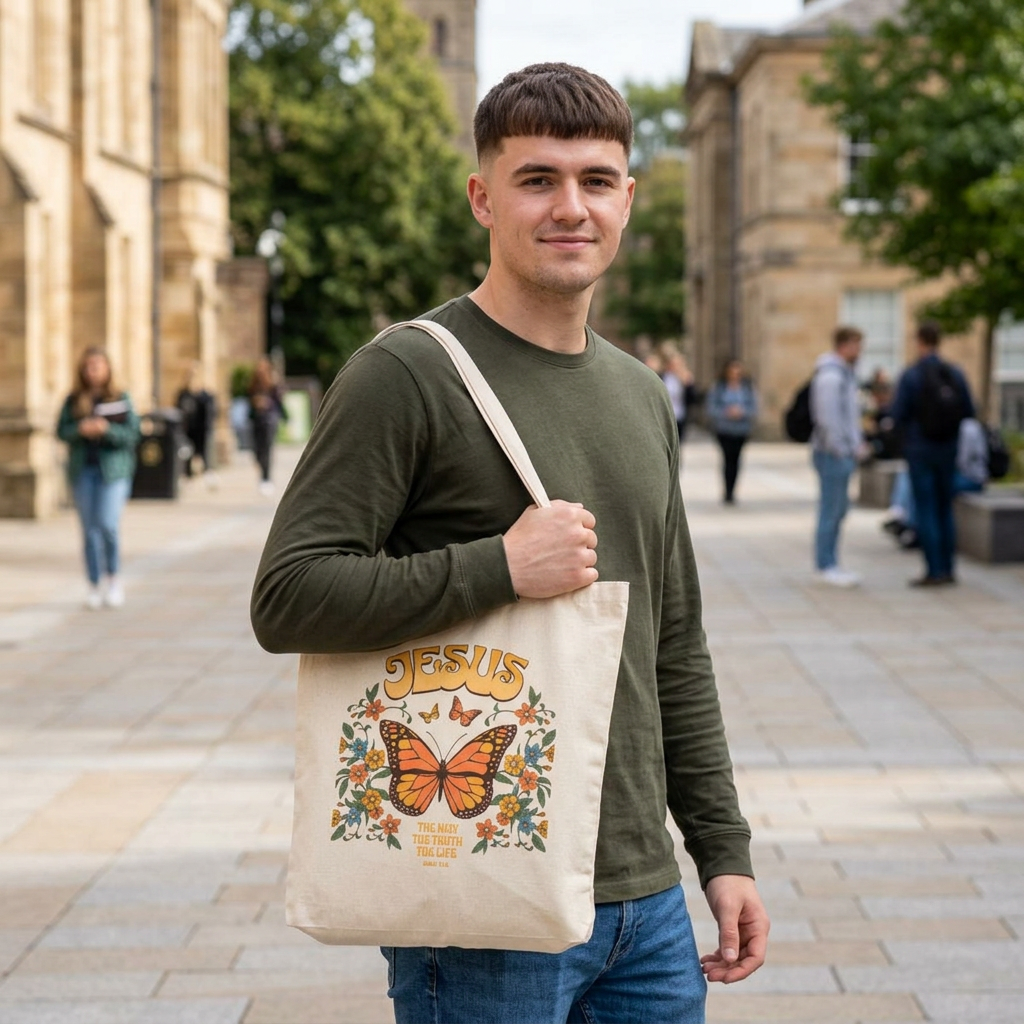 Jesus Butterfly Canvas Tote — Faith Floral Eco Grocery Bag