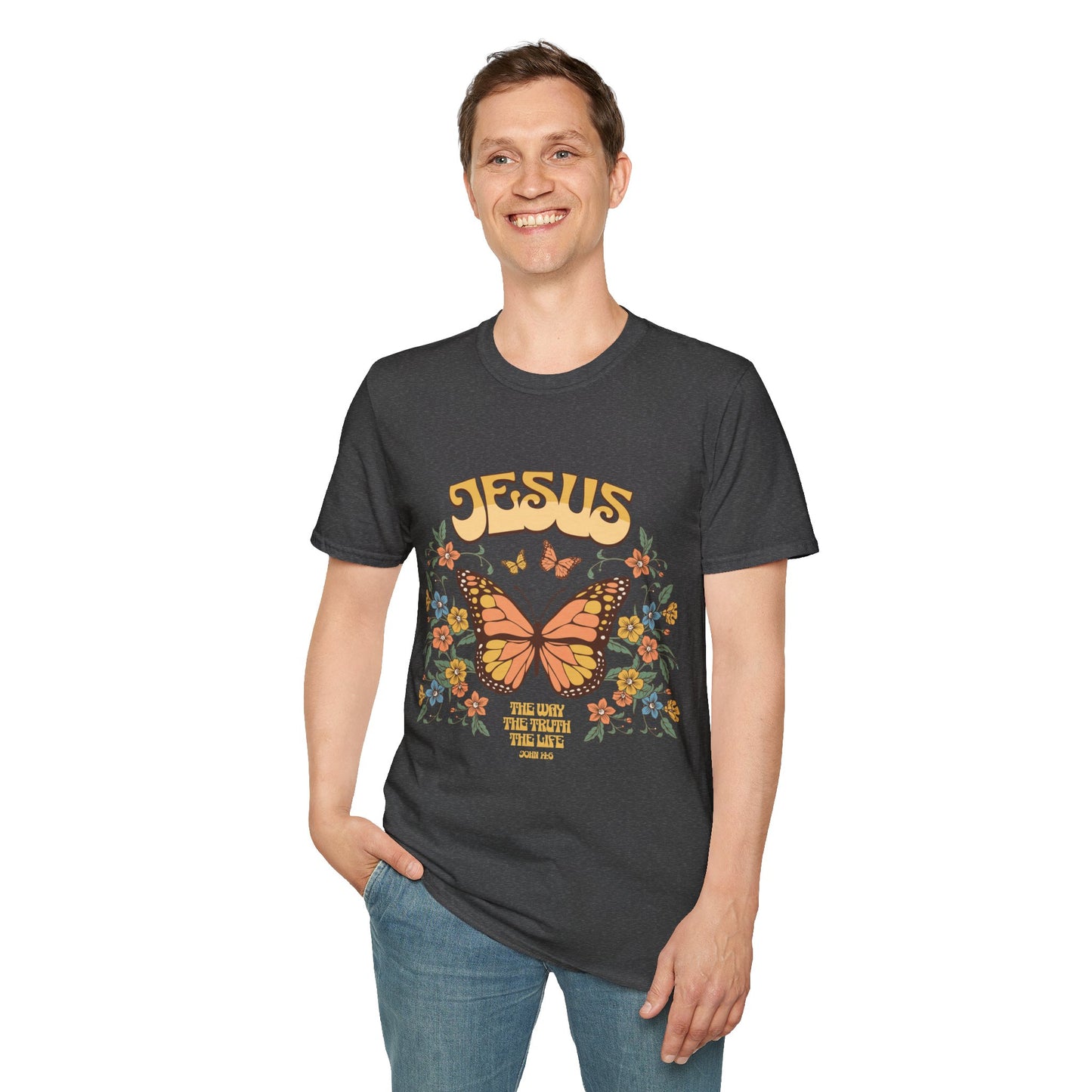 Jesus Butterfly T-Shirt — "Jesus: The Way The Truth The Life" Floral Christian Tee
