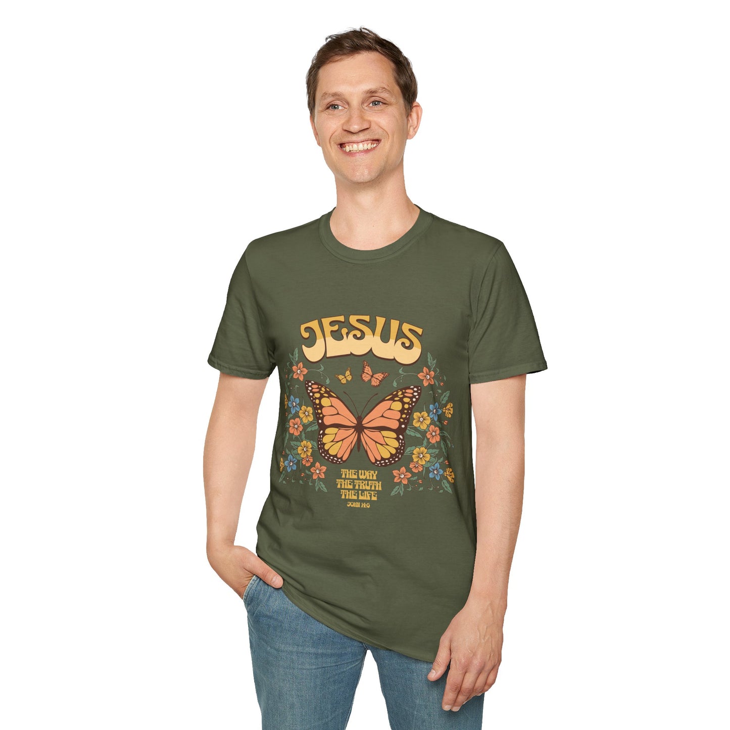 Jesus Butterfly T-Shirt — "Jesus: The Way The Truth The Life" Floral Christian Tee