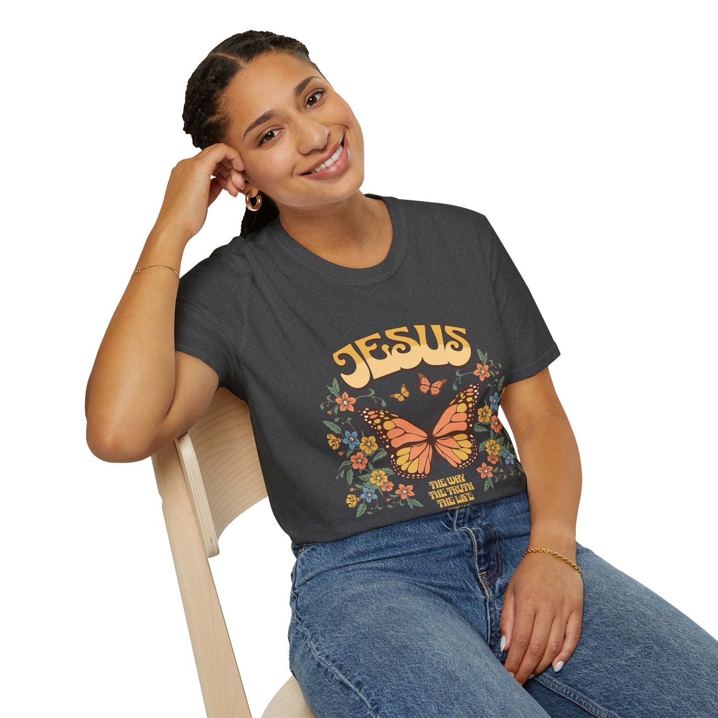 Jesus Butterfly T-Shirt — "Jesus: The Way The Truth The Life" Floral Christian Tee