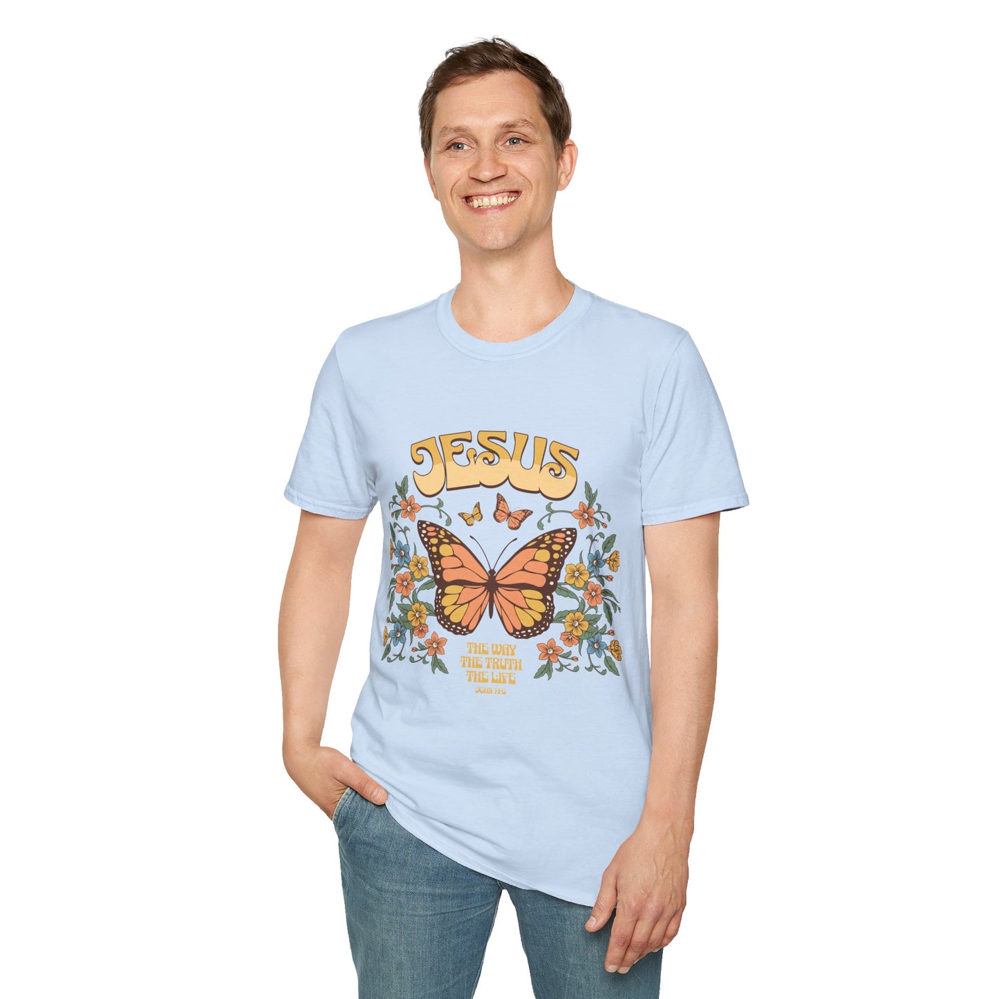 Jesus Butterfly T-Shirt — "Jesus: The Way The Truth The Life" Floral Christian Tee
