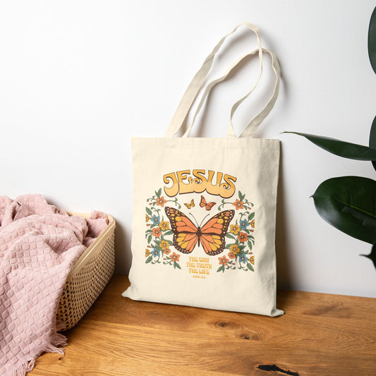 Jesus Butterfly Canvas Tote — Faith Floral Eco Grocery Bag